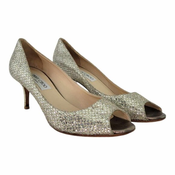 AUTHENTIC JIMMY CHOO Isabel Metallic Peep Toe Pump Sz 37.5IT (US7.5) - Champagne - Picture 10 of 10
